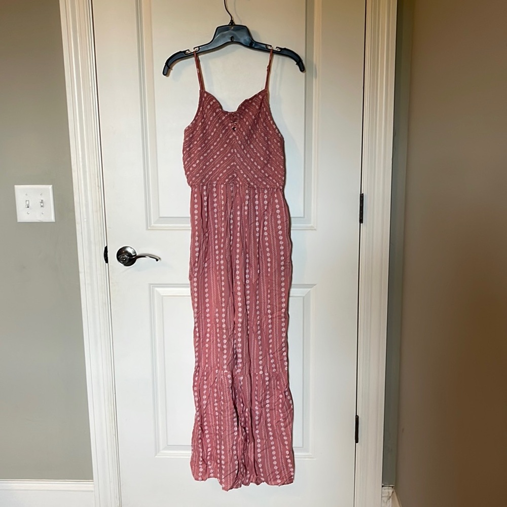 Salmon and floral long pants romper EUC with pockets